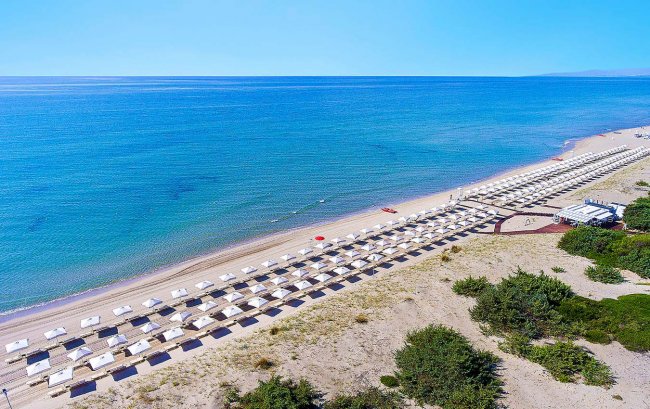 Spiaggia con file di ombrelloni bianchi.