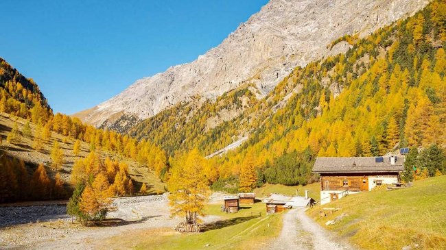 Casetta in una valle con alberi autunnali.