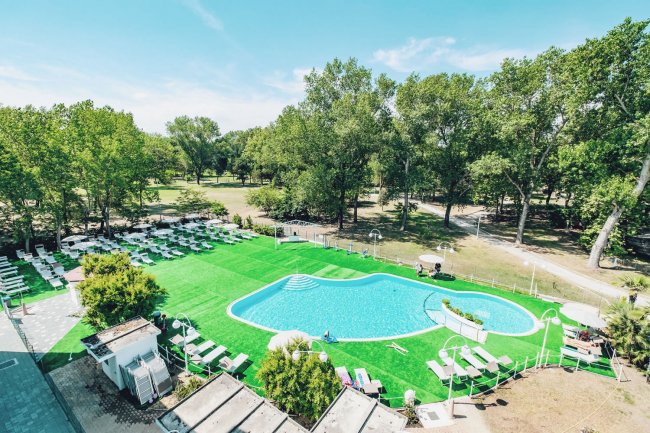 Vista aerea di una piscina circondata da verde.