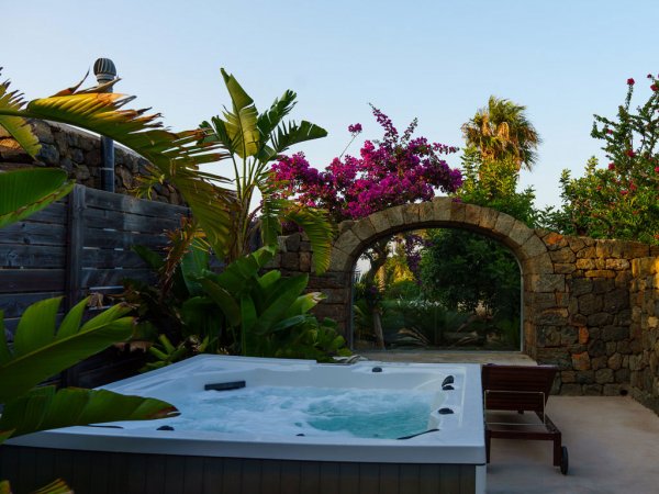Vasca idromassaggio esterna circondata da piante.