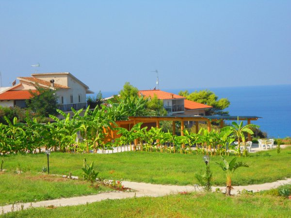 Giardino con piante verdi e case vista mare in lontananza.