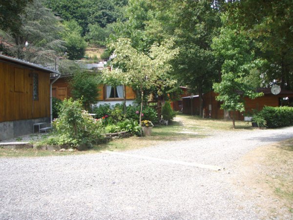 Sentiero tra edifici in legno e alberi verdi.