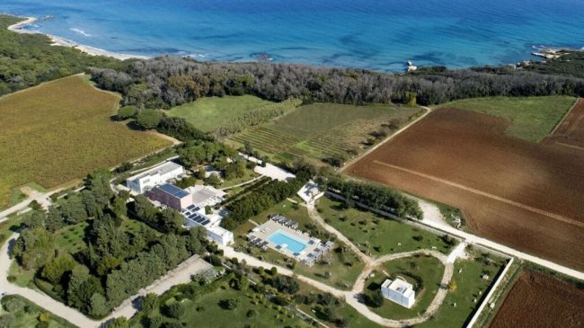 Vista aerea di una tenuta con piscina vicino al mare.