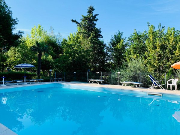 Una piscina all'aperto con lettini e ombrelloni, circondata da alberi.