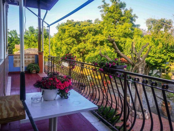 Balcone con tavolo, fiori e vista alberi.