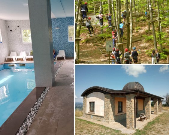Piscina interna, percorso avventura e edificio in pietra.