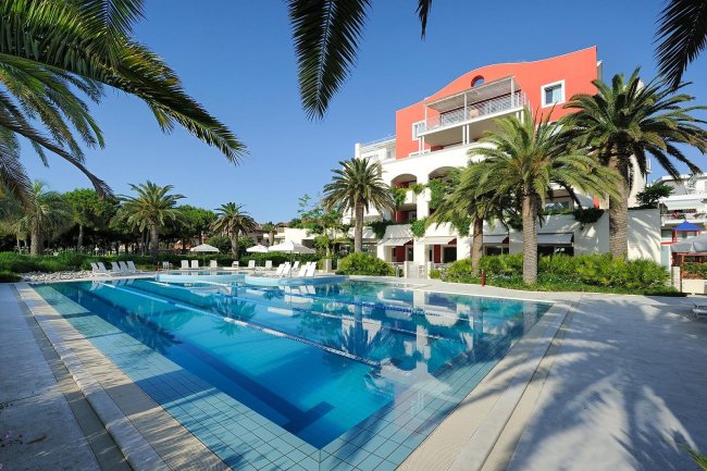 Piscina rettangolare circondata da palme e lettini.