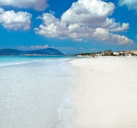 Spiaggia sabbiosa con mare azzurro e cielo nuvoloso.