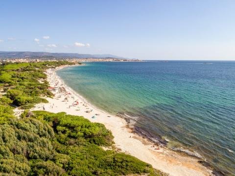 Spiaggia sabbiosa con vegetazione e mare calmo.