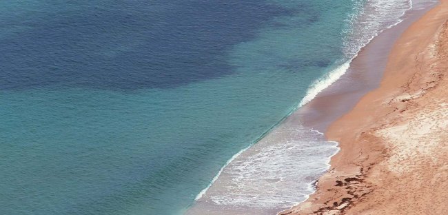 Spiaggia con sabbia e mare azzurro.