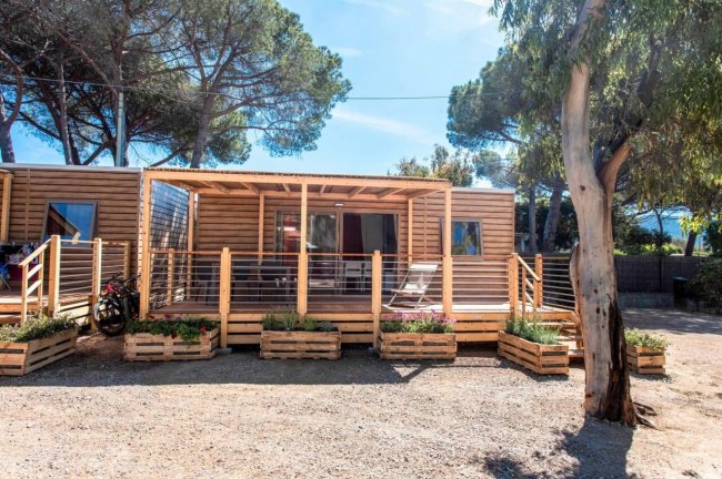 Casa di legno moderna con veranda sotto un albero.