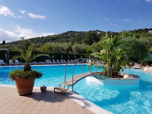 Piscina con ponte, aiuola centrale con piante, sdraio e vista su colline alberate.