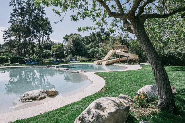 Piscina naturale con scivolo e prato verde.