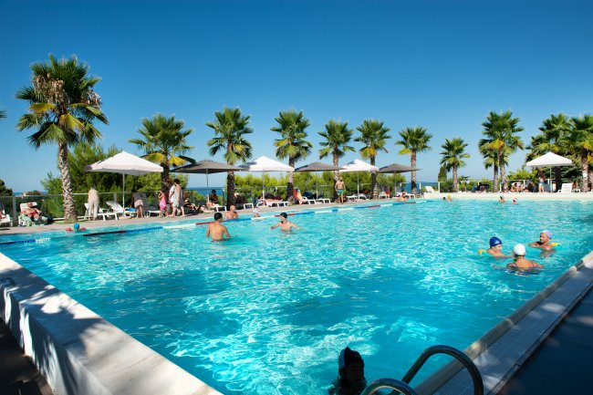Persone che nuotano e si rilassano in una grande piscina all'aperto con palme lungo il bordo.