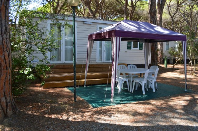 Una casa mobile con veranda e tavolo sotto un tendalino in un bosco.