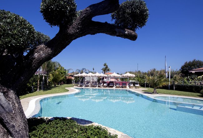 Piscina circondata da alberi sotto un cielo blu.