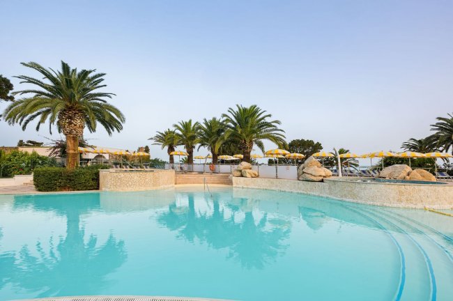 Piscina all'aperto con palme e lettini.