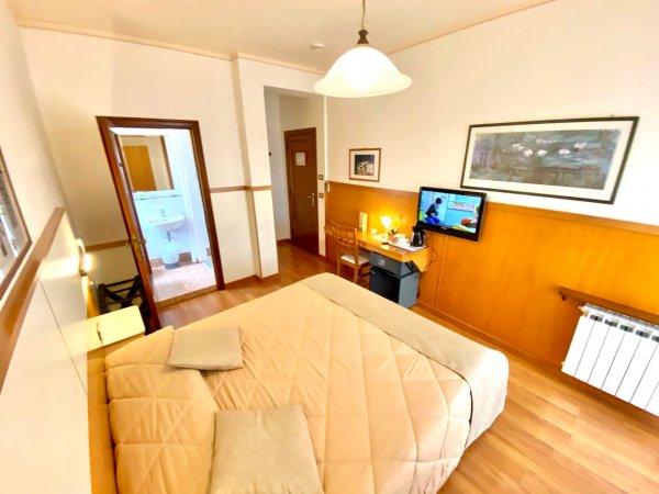 Camera con letto matrimoniale, TV e bagno annesso.