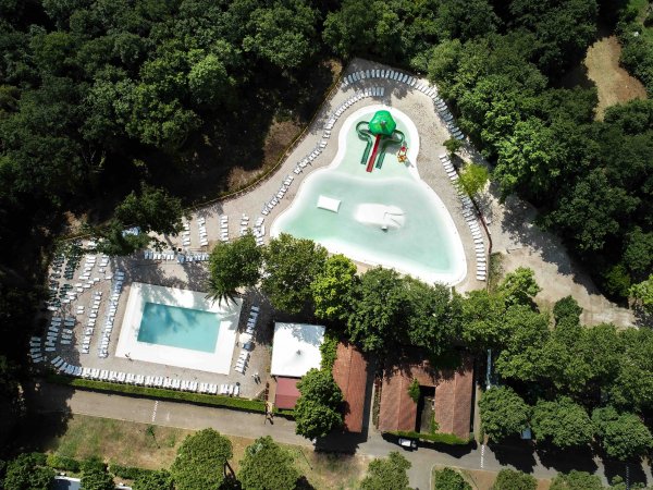 Vista aerea di due piscine circondate da alberi e lettini.