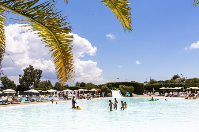 Piscina all'aperto con persone e palme, cielo sereno.
