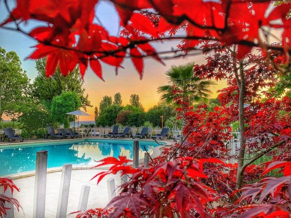 Piscina al tramonto circondata da foglie rosse.
