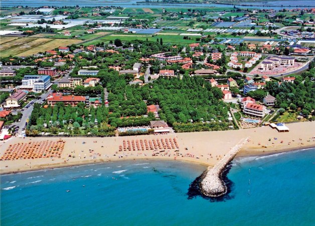 Vista aerea di una spiaggia affollata e un'area verde.